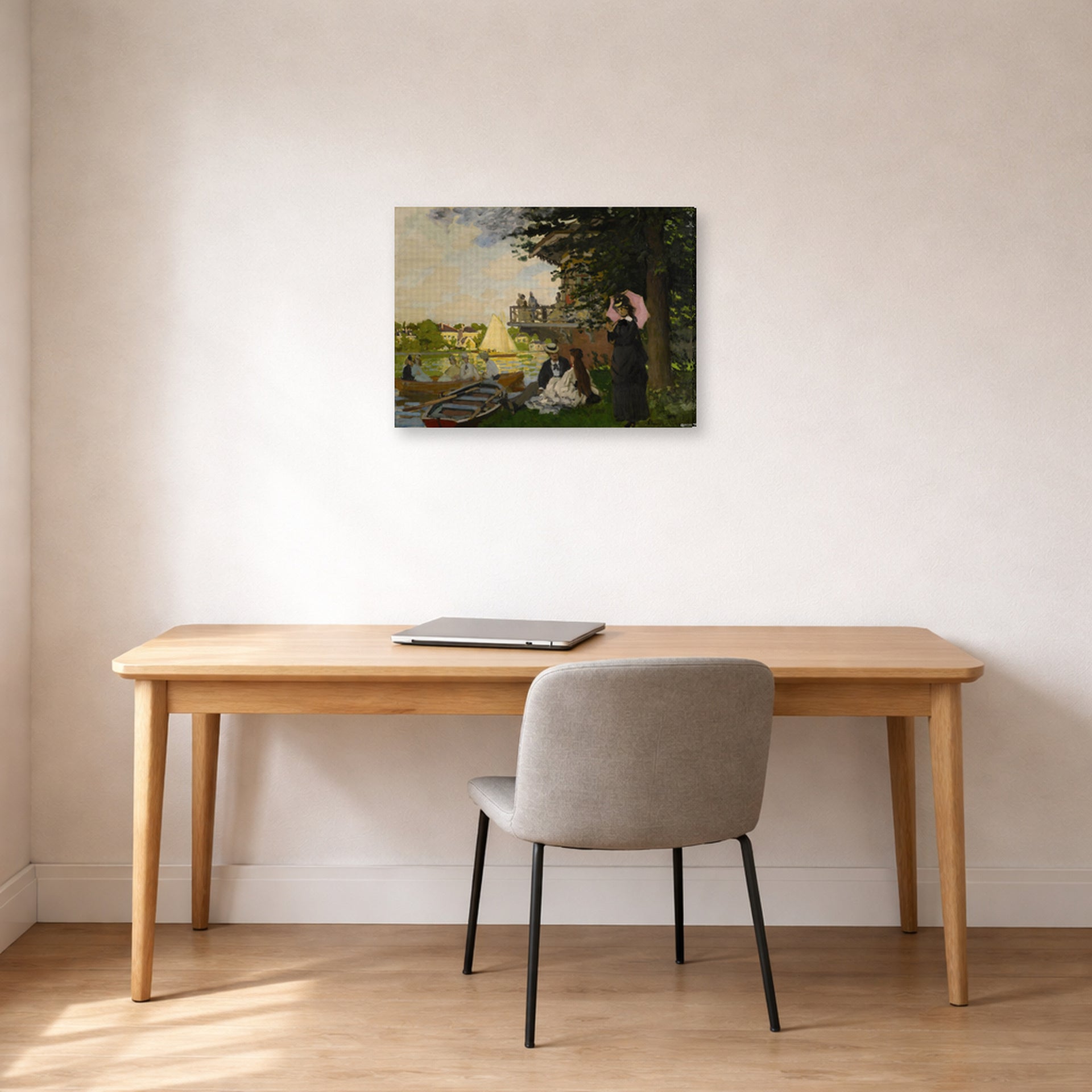 Gallery-wrapped canvas print of Claude Monet's 'L'embarcadere Der Pier' displayed on a wall in a office
