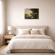 Unframed poster print of Claude Monet's 'L'embarcadere Der Pier' displayed on a wall in a bedroom