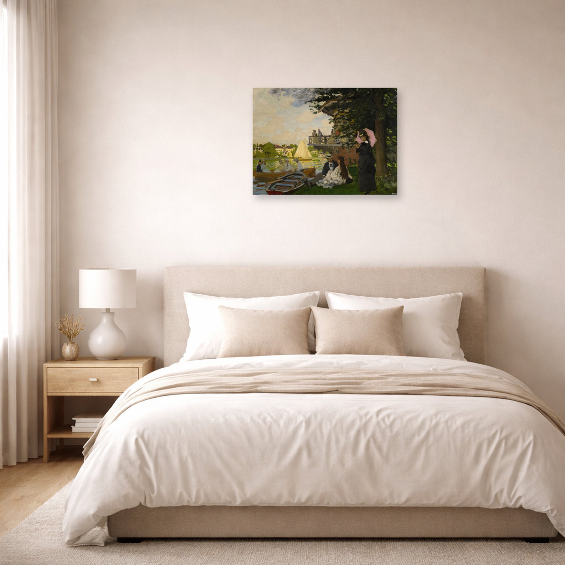 Unframed poster print of Claude Monet's 'L'embarcadere Der Pier' displayed on a wall in a bedroom