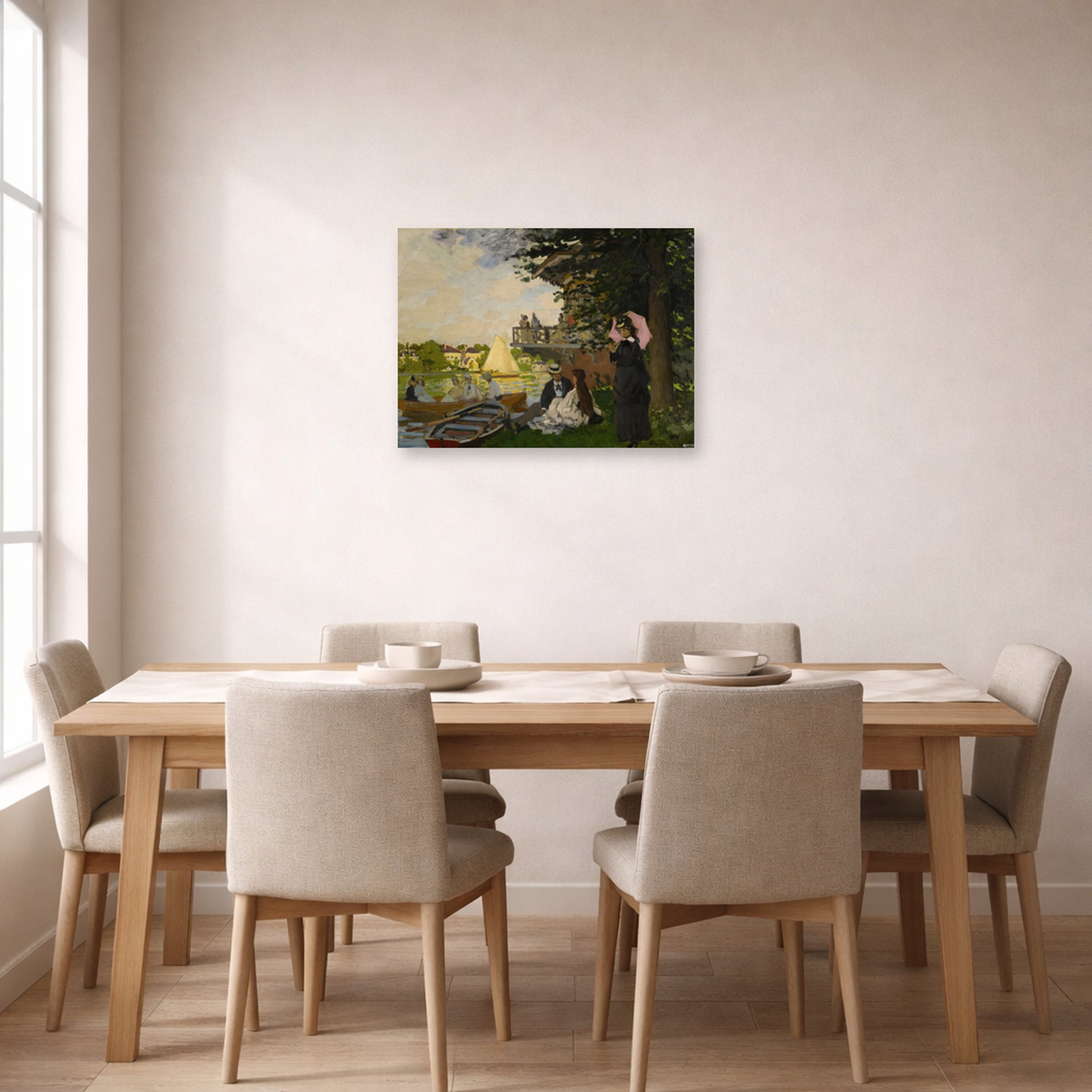 Unframed poster print of Claude Monet's 'L'embarcadere Der Pier' displayed on a wall in a dining room