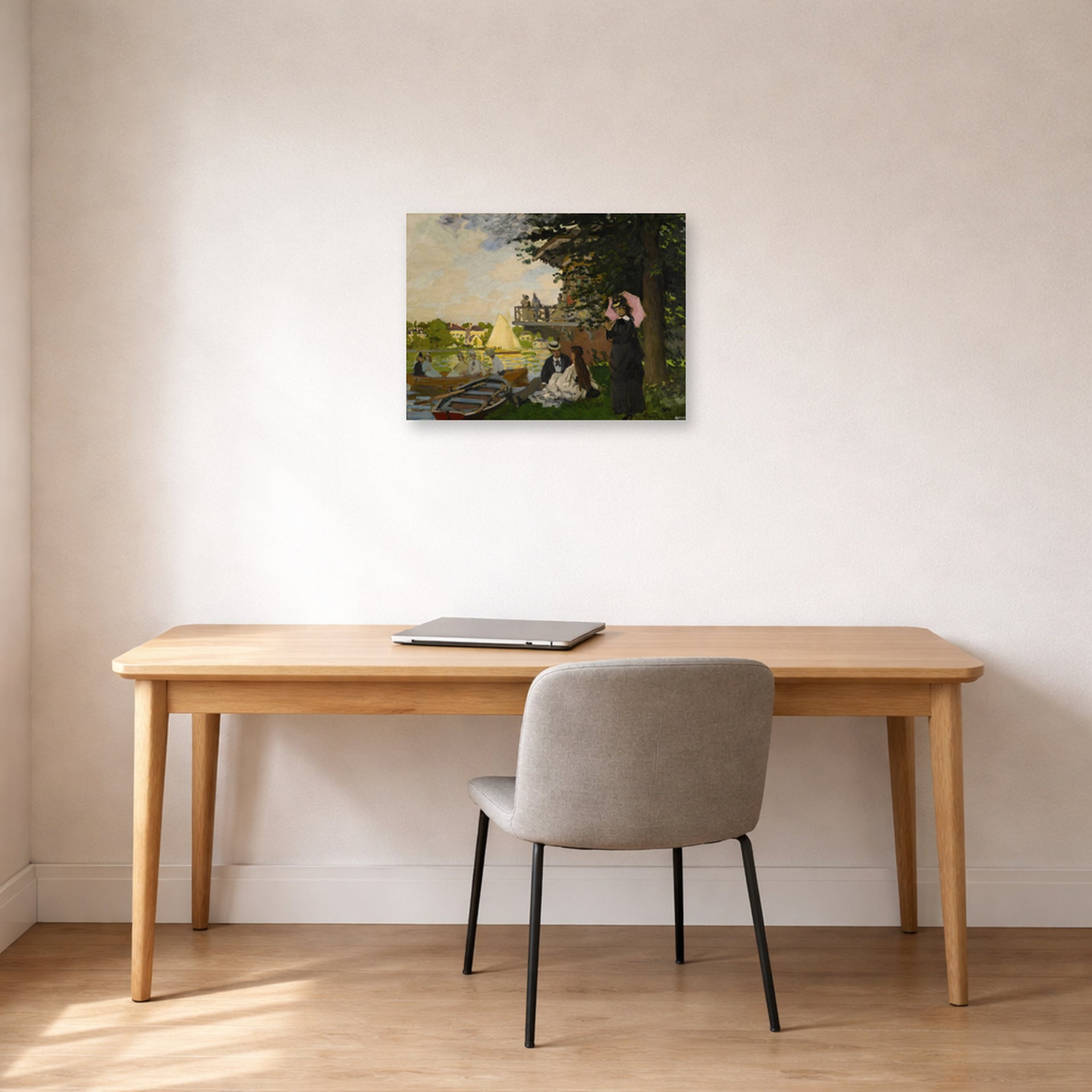 Unframed poster print of Claude Monet's 'L'embarcadere Der Pier' displayed on a wall in a office