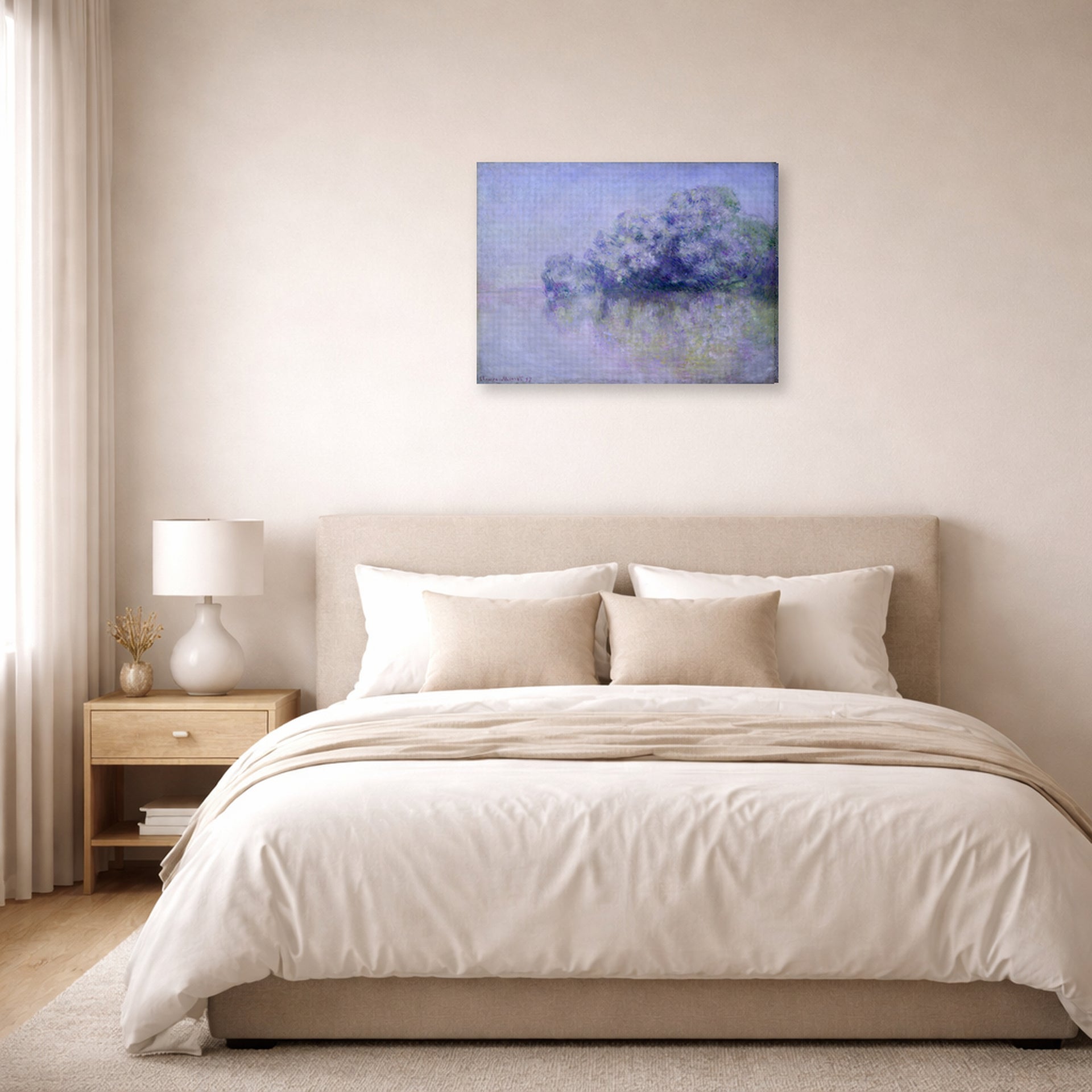 Gallery-wrapped canvas print of Claude Monet's 'L'ile Aux Orties' displayed on a wall in a bedroom