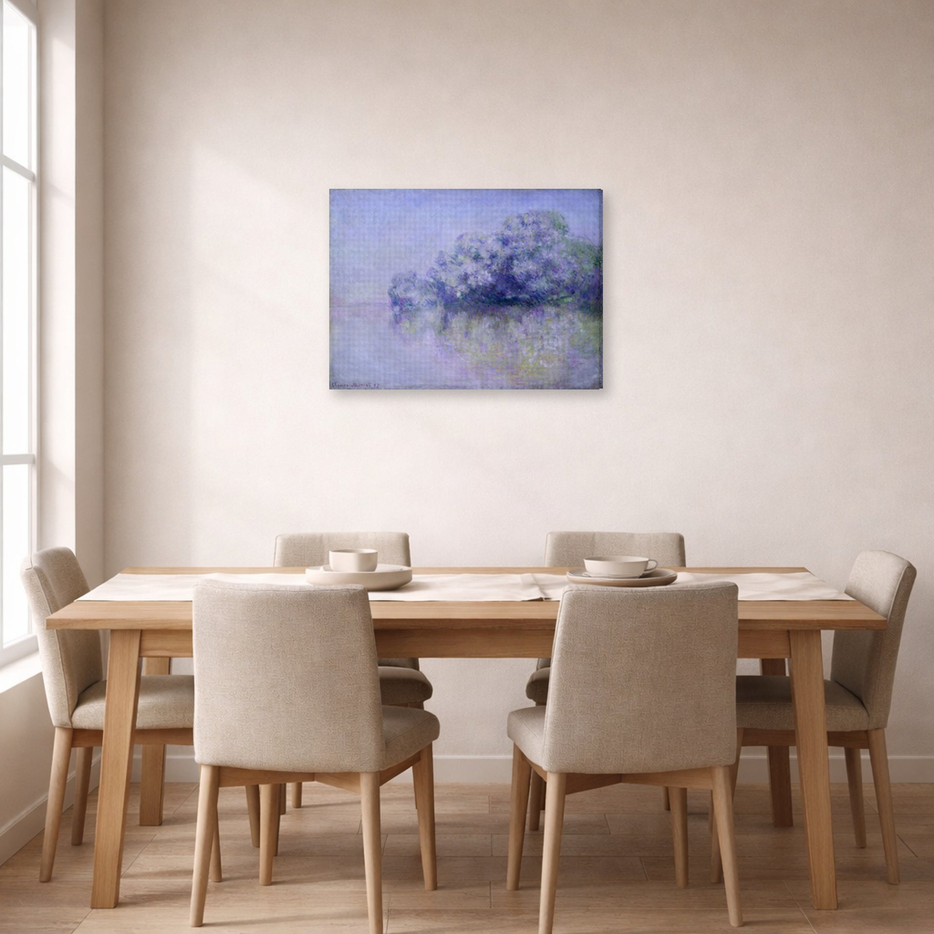 Gallery-wrapped canvas print of Claude Monet's 'L'ile Aux Orties' displayed on a wall in a dining room