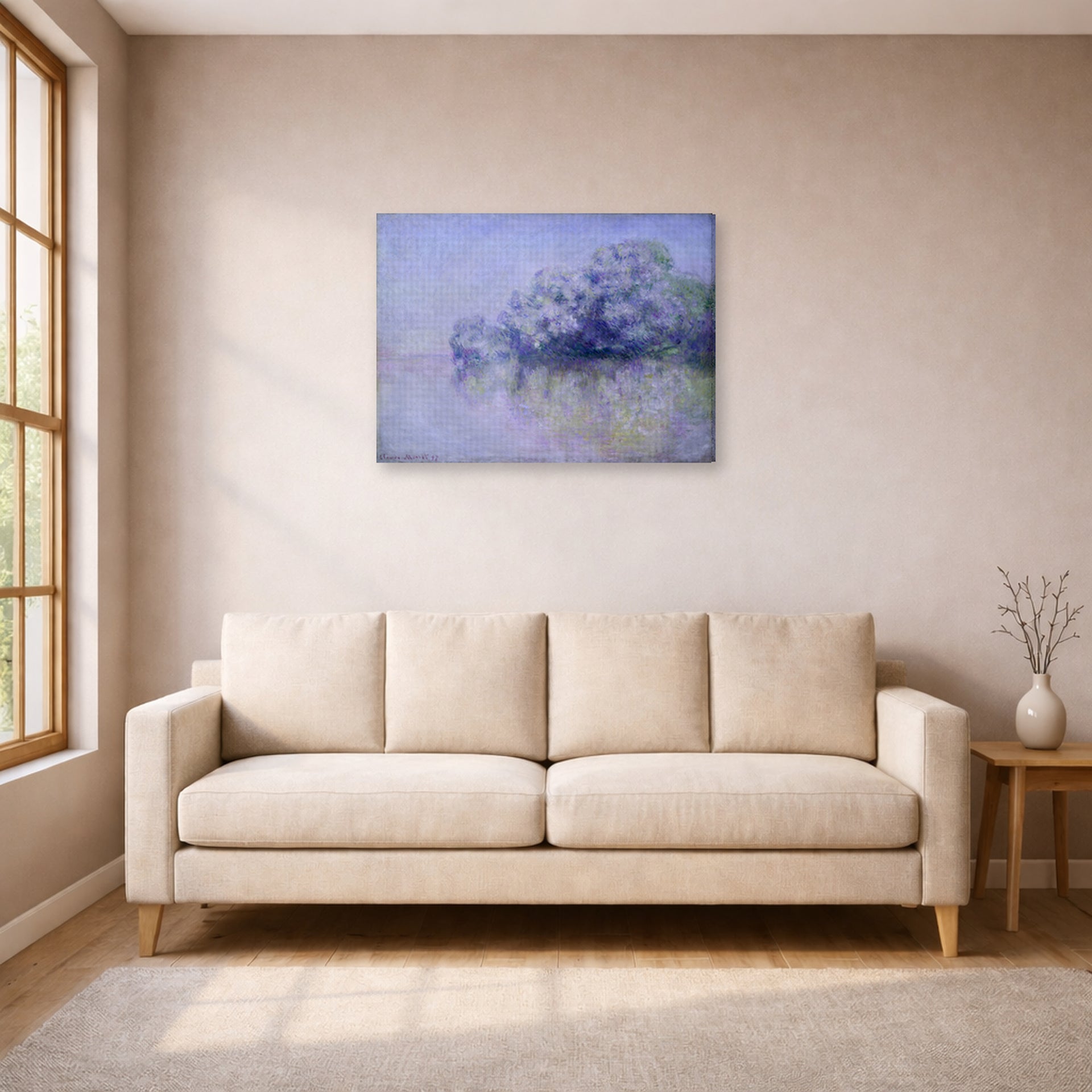 Gallery-wrapped canvas print of Claude Monet's 'L'ile Aux Orties' displayed on a wall in a living room
