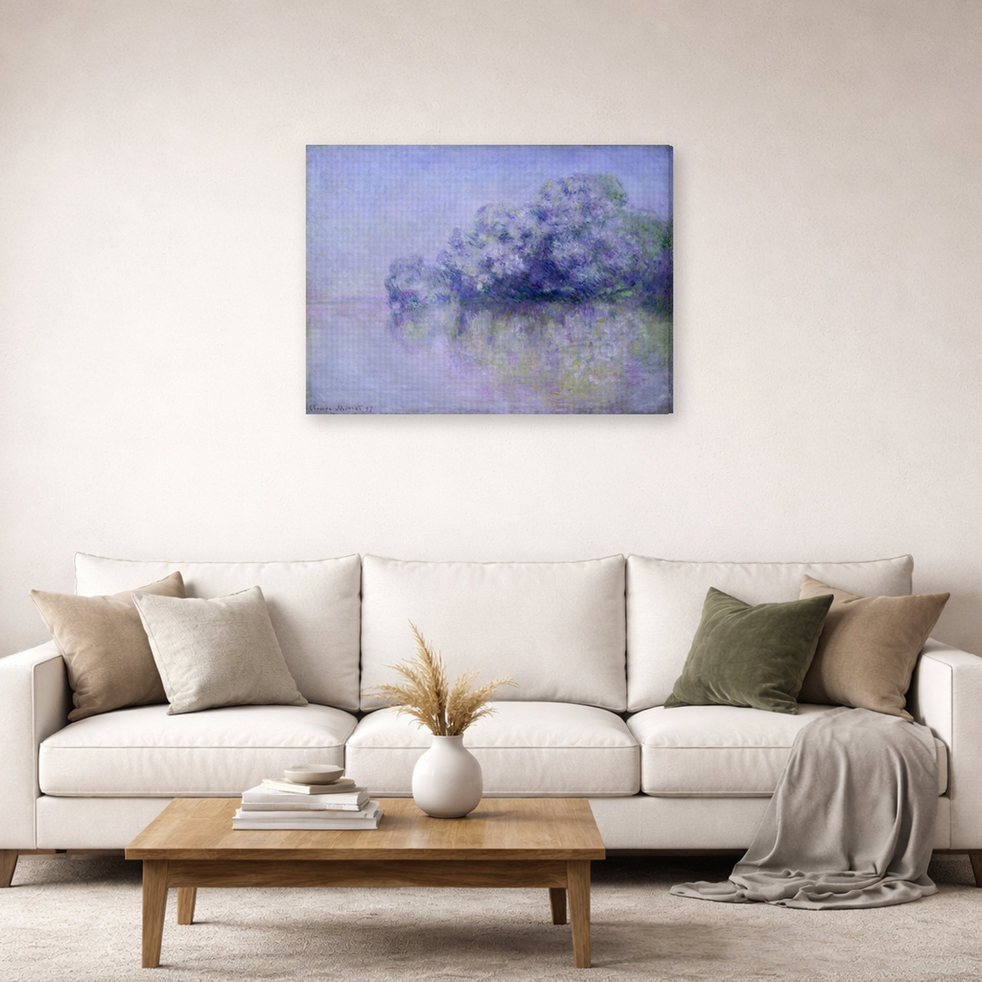 Gallery-wrapped canvas print of Claude Monet's 'L'ile Aux Orties' displayed on a wall in a living room