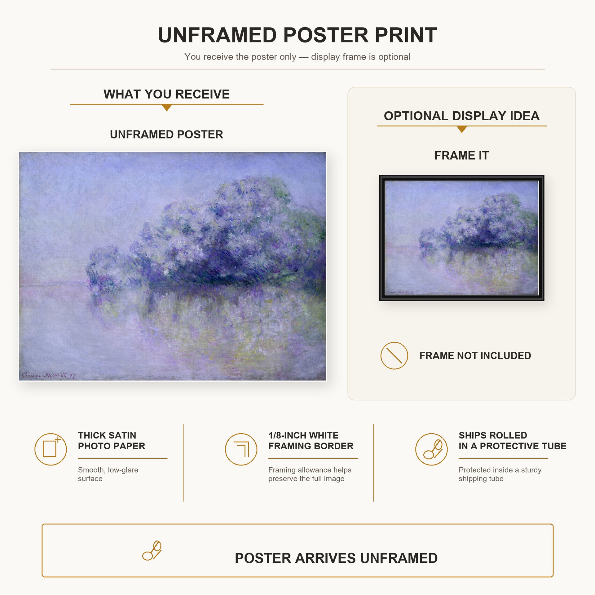 Claude Monet - L'ile Aux Orties poster print size comparison and framing display infographic