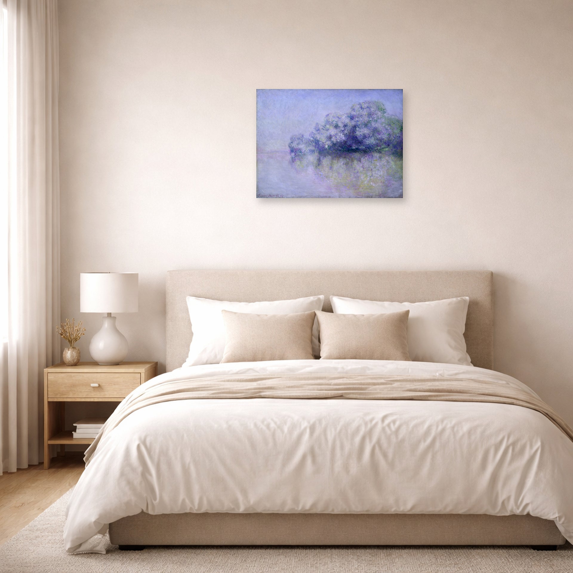 Unframed poster print of Claude Monet's 'L'ile Aux Orties' displayed on a wall in a bedroom