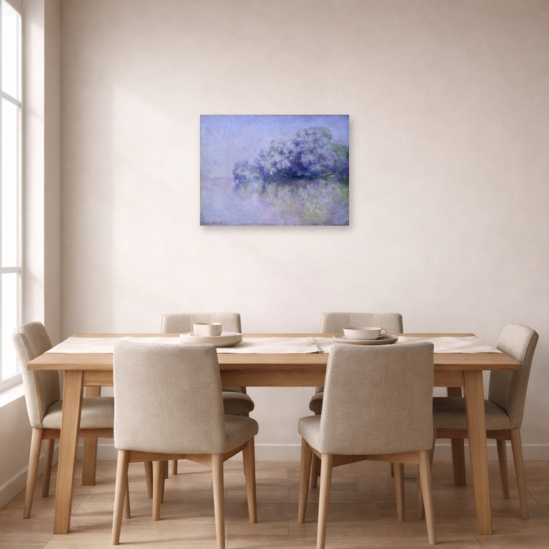 Unframed poster print of Claude Monet's 'L'ile Aux Orties' displayed on a wall in a dining room