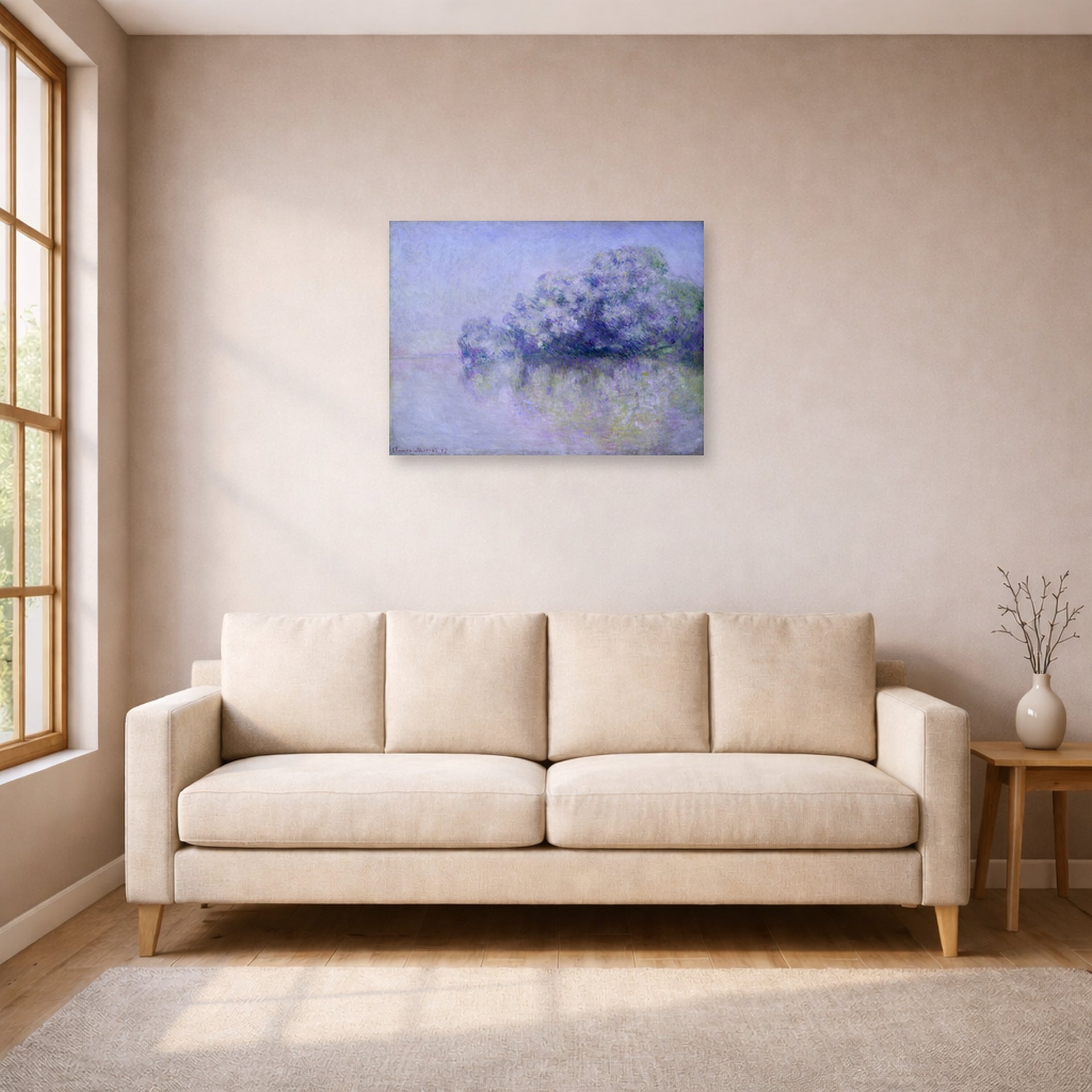 Unframed poster print of Claude Monet's 'L'ile Aux Orties' displayed on a wall in a living room