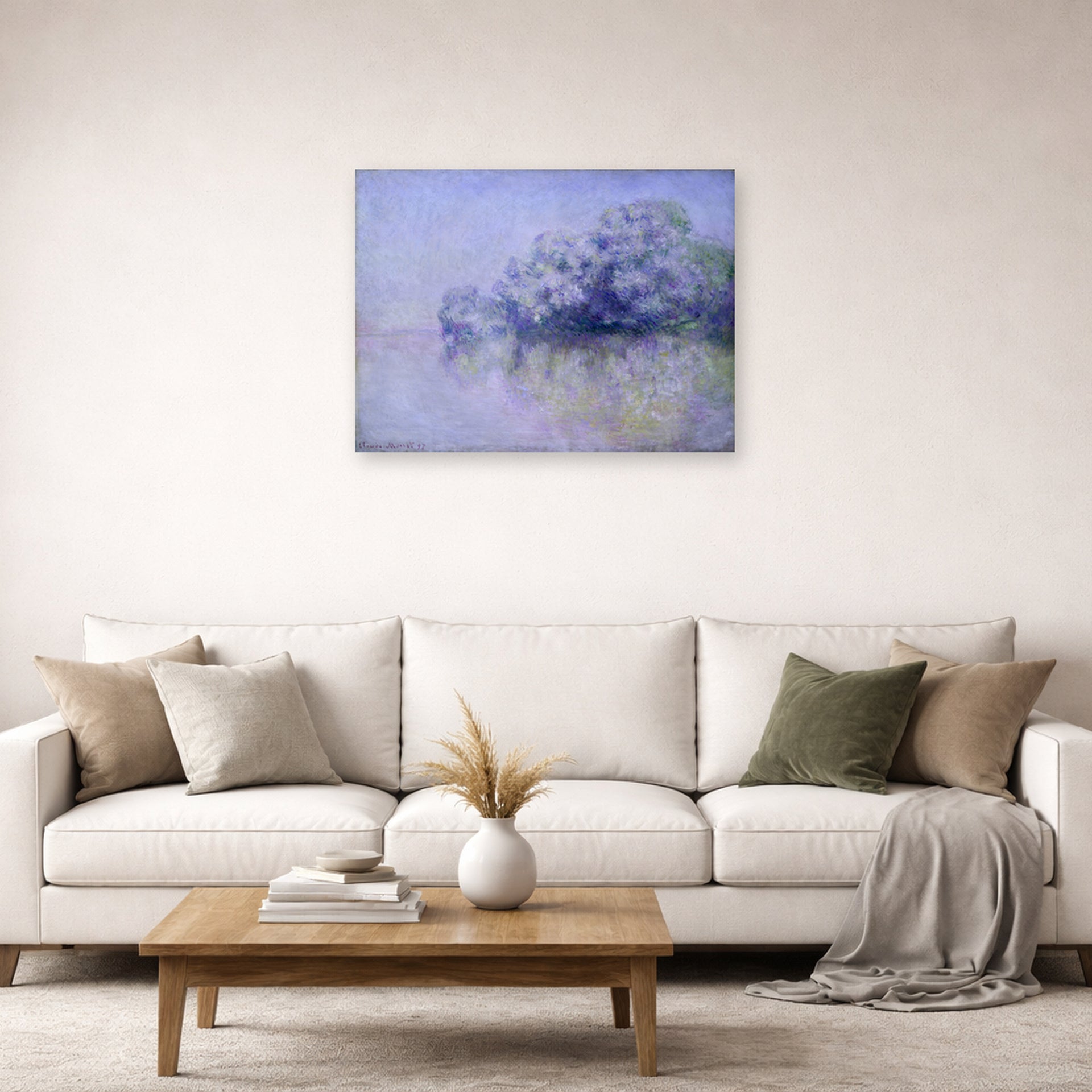 Unframed poster print of Claude Monet's 'L'ile Aux Orties' displayed on a wall in a living room