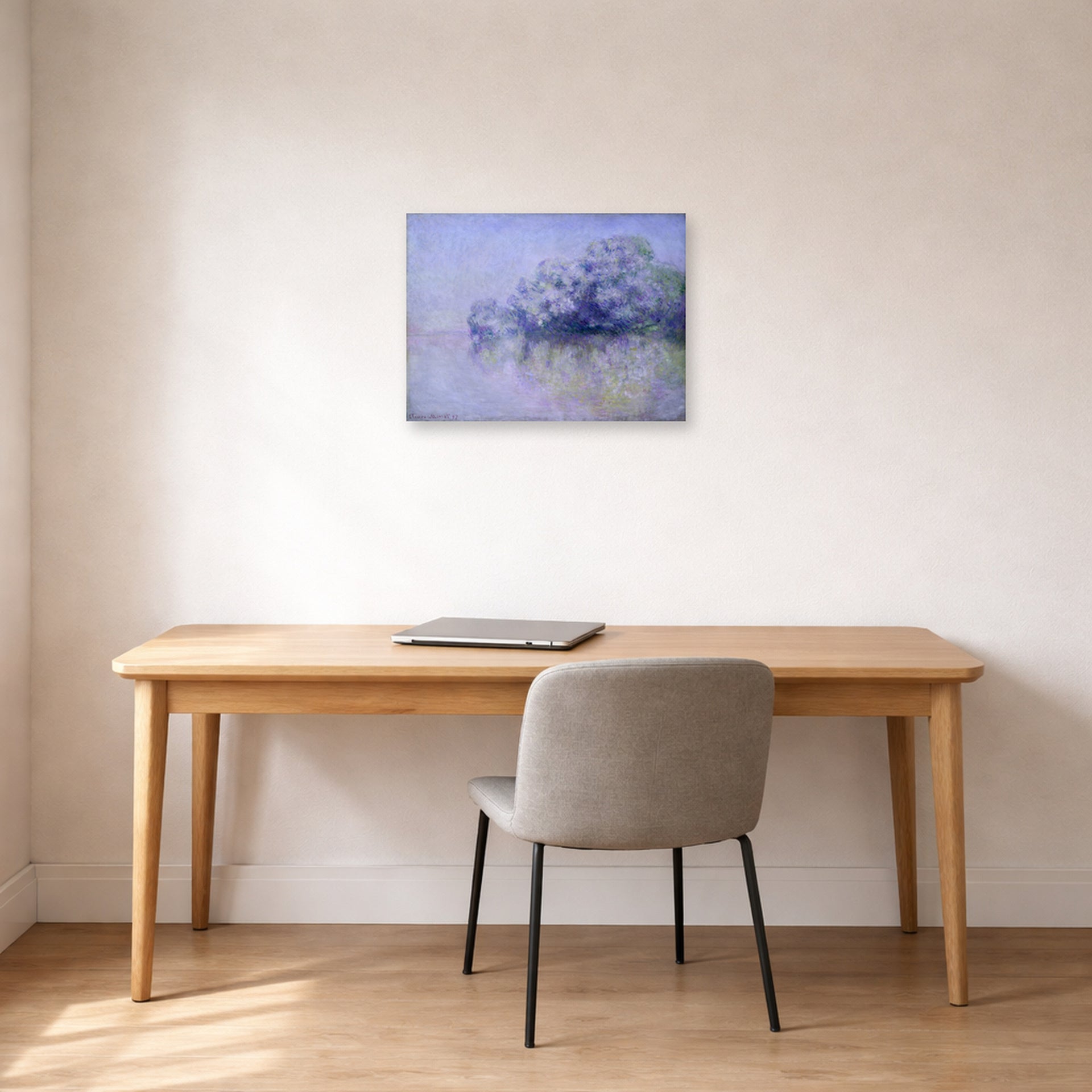 Unframed poster print of Claude Monet's 'L'ile Aux Orties' displayed on a wall in a office