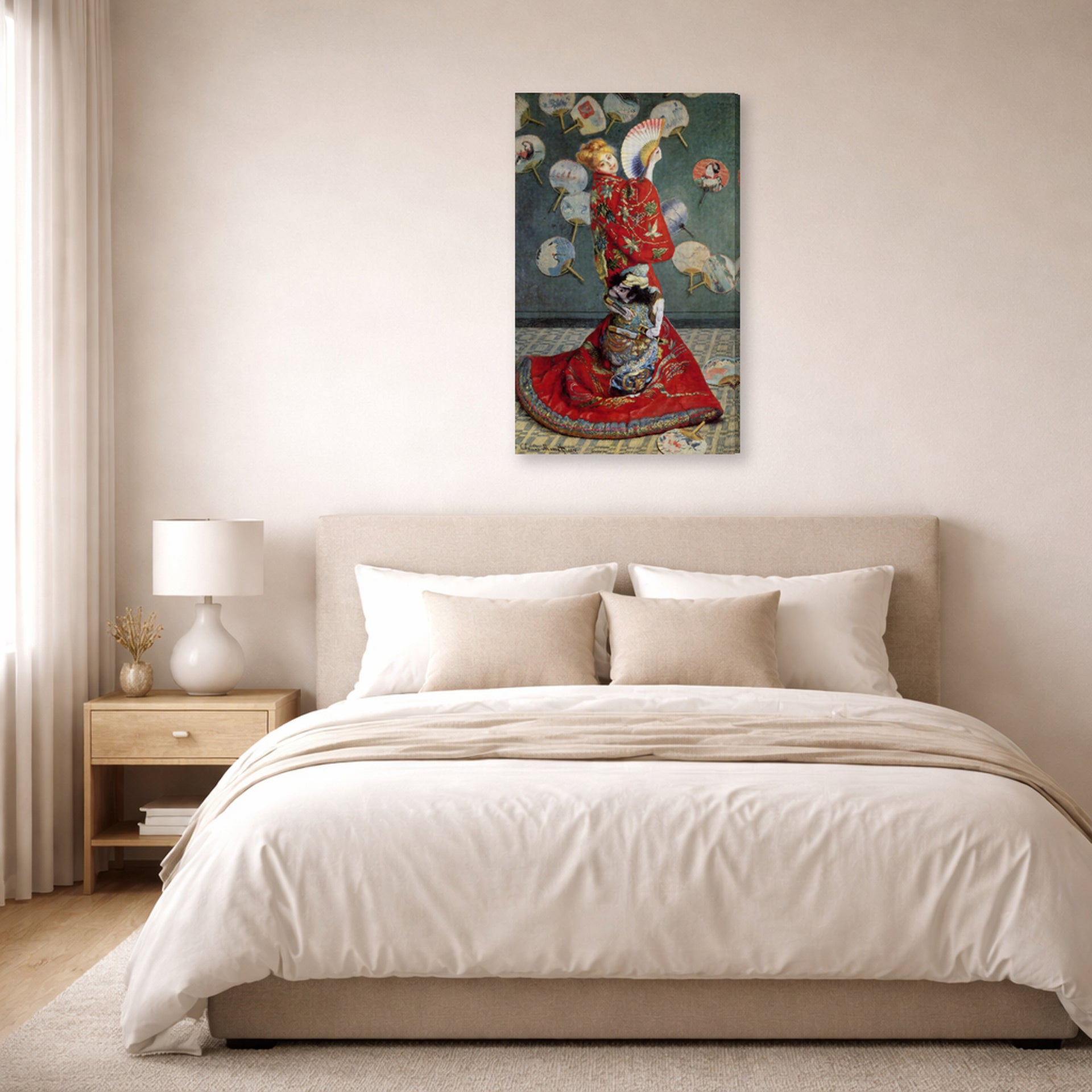 Gallery-wrapped canvas print of Claude Monet's 'Japonaise' displayed on a wall in a bedroom