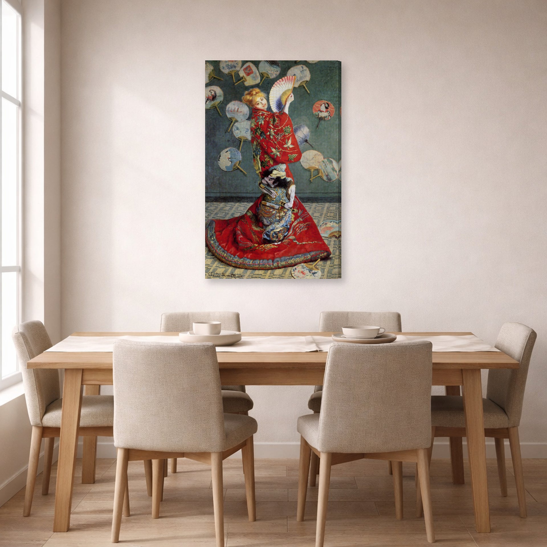 Gallery-wrapped canvas print of Claude Monet's 'Japonaise' displayed on a wall in a dining room