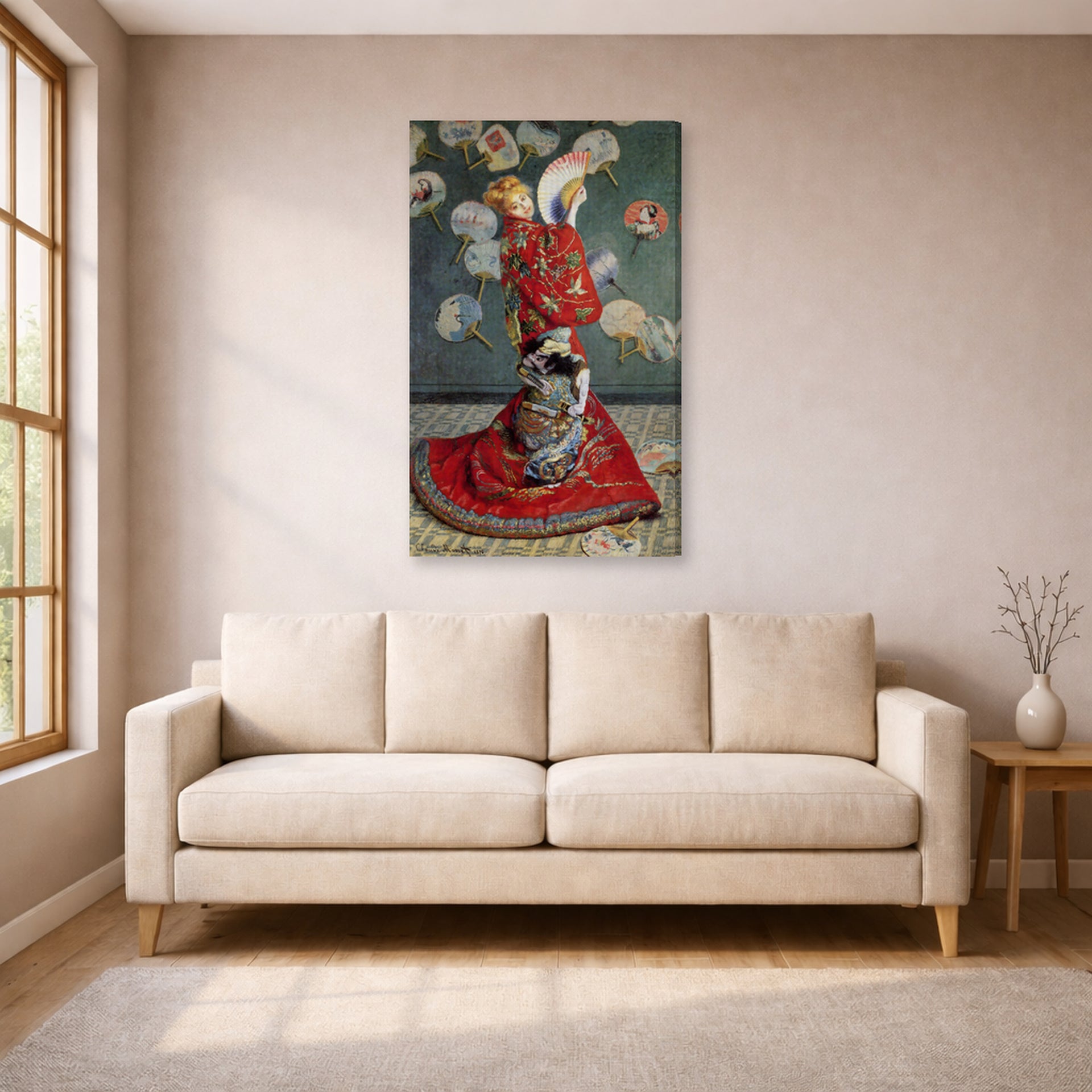 Gallery-wrapped canvas print of Claude Monet's 'Japonaise' displayed on a wall in a living room