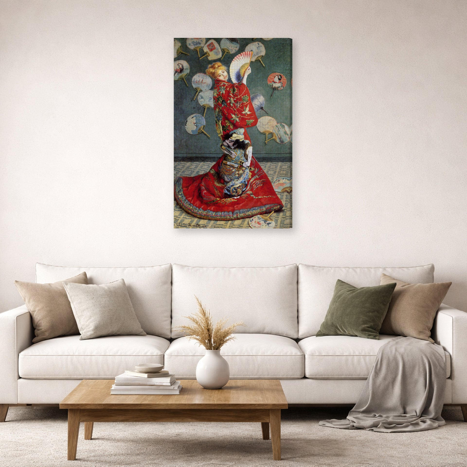 Gallery-wrapped canvas print of Claude Monet's 'Japonaise' displayed on a wall in a living room