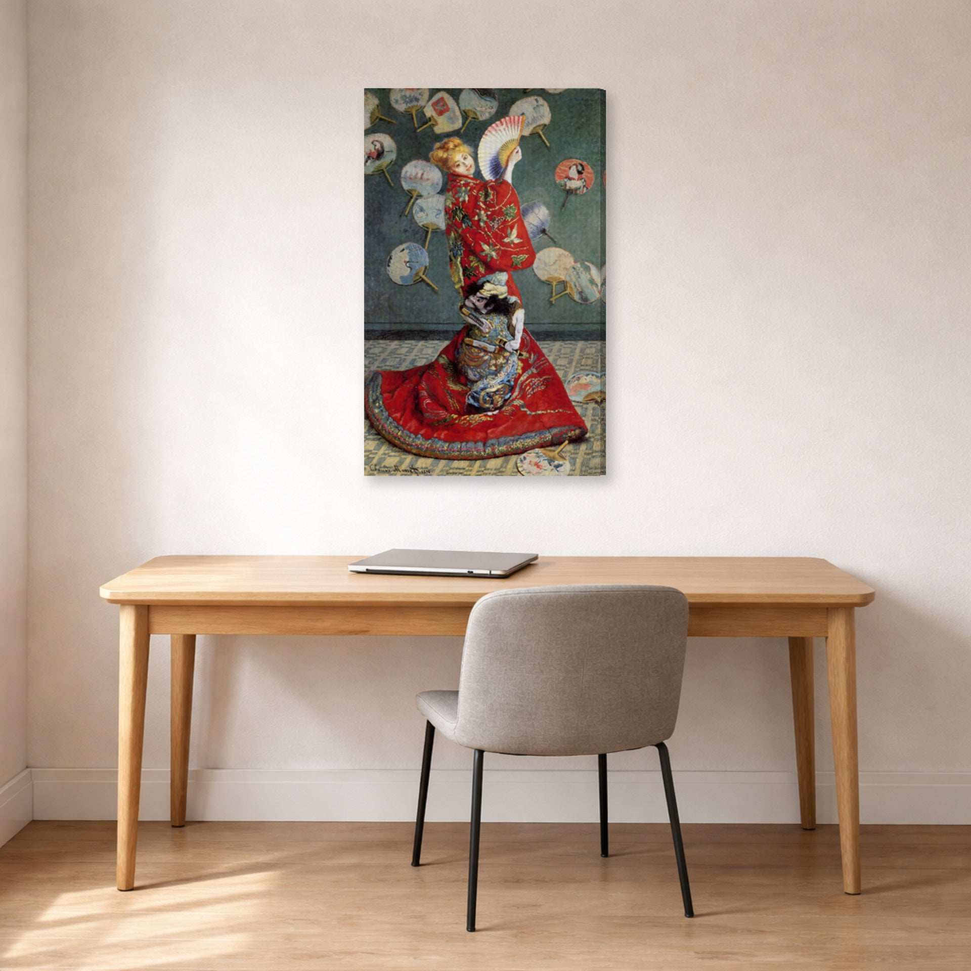 Gallery-wrapped canvas print of Claude Monet's 'Japonaise' displayed on a wall in a office