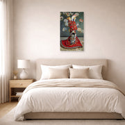 Unframed poster print of Claude Monet's 'Japonaise' displayed on a wall in a bedroom
