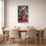 Unframed poster print of Claude Monet's 'Japonaise' displayed on a wall in a dining room
