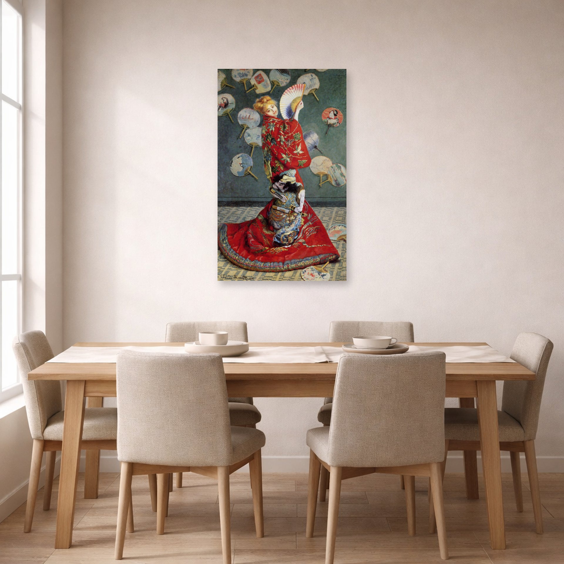 Unframed poster print of Claude Monet's 'Japonaise' displayed on a wall in a dining room