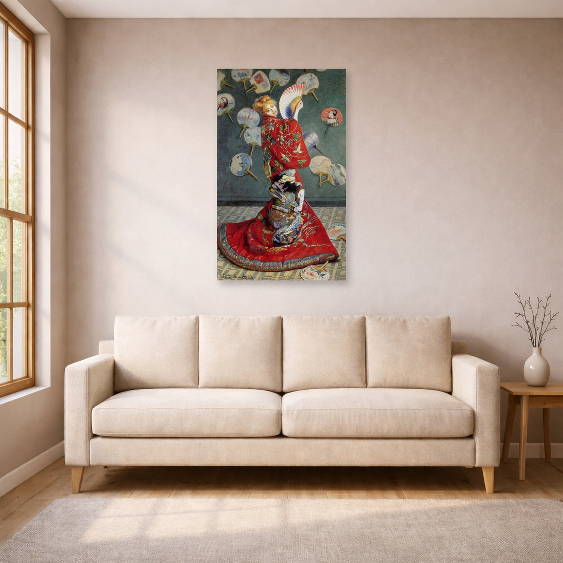 Unframed poster print of Claude Monet's 'Japonaise' displayed on a wall in a living room
