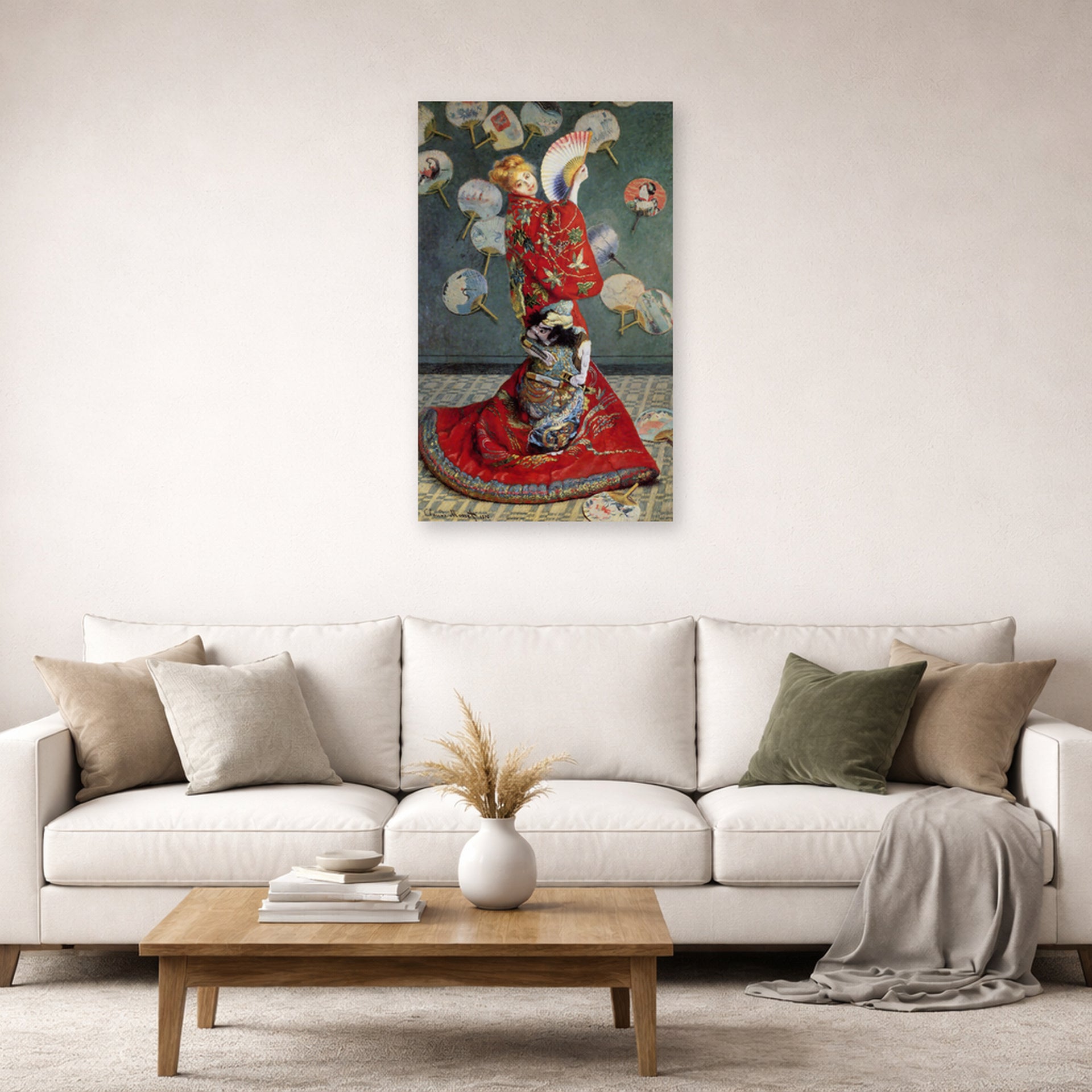 Unframed poster print of Claude Monet's 'Japonaise' displayed on a wall in a living room