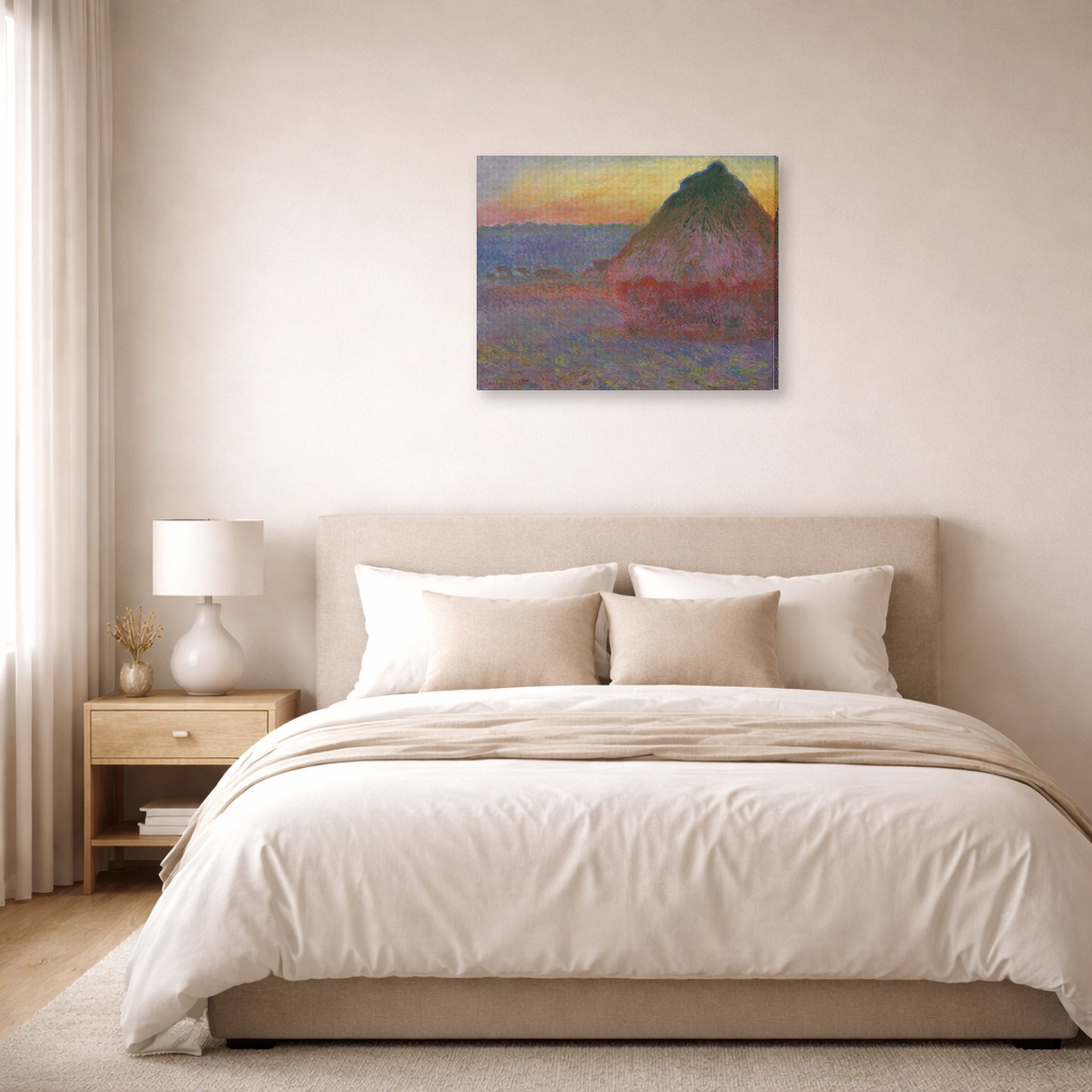 Gallery-wrapped canvas print of Claude Monet's 'Meule' displayed on a wall in a bedroom