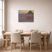Gallery-wrapped canvas print of Claude Monet's 'Meule' displayed on a wall in a dining room