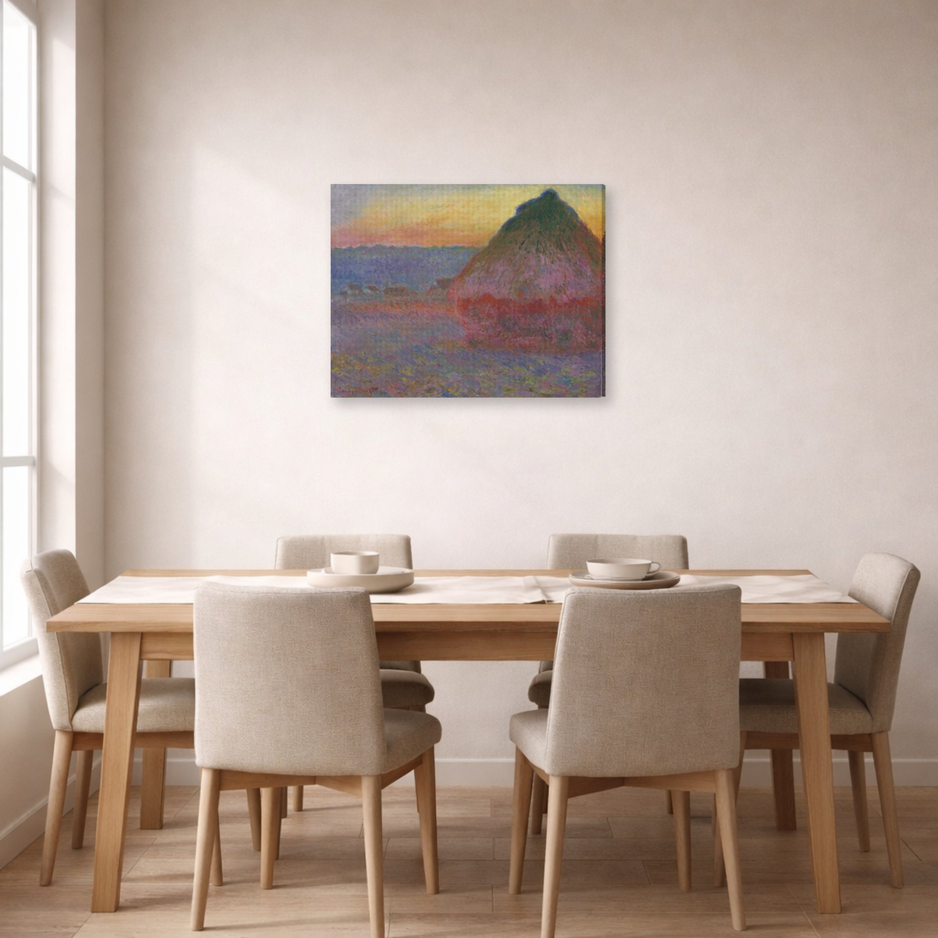 Gallery-wrapped canvas print of Claude Monet's 'Meule' displayed on a wall in a dining room
