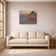 Gallery-wrapped canvas print of Claude Monet's 'Meule' displayed on a wall in a living room