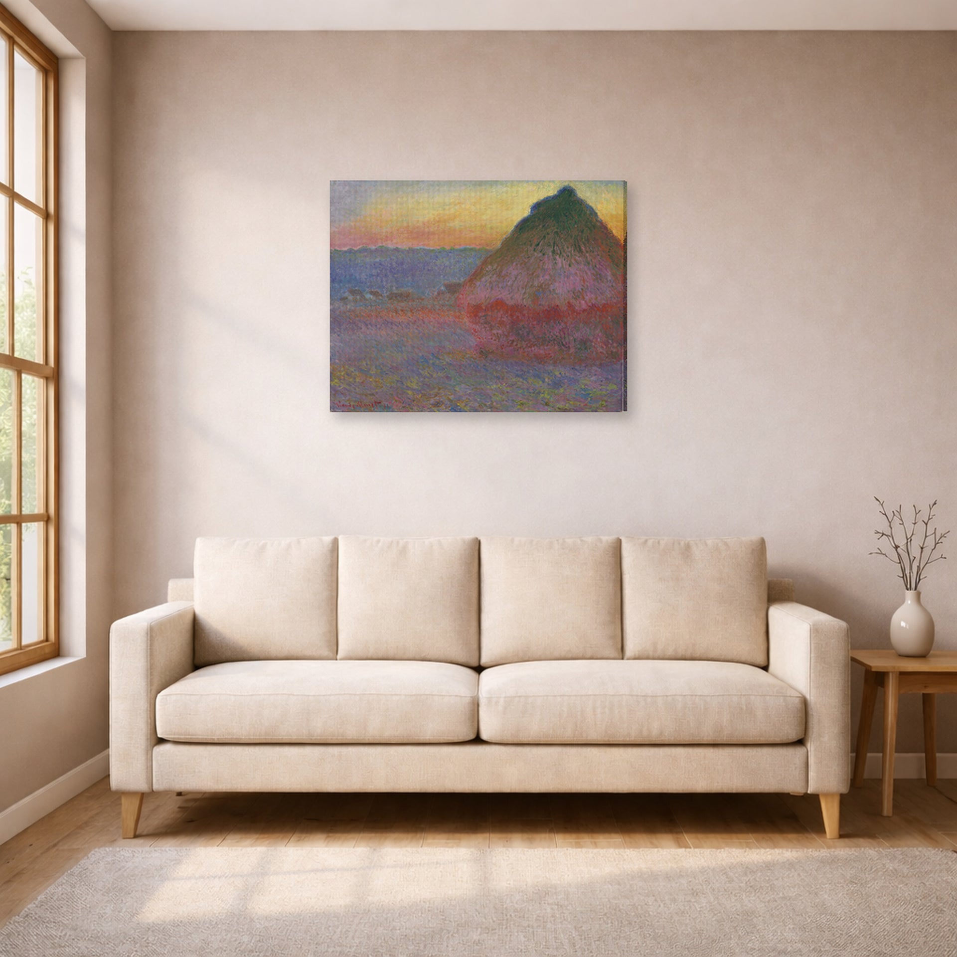 Gallery-wrapped canvas print of Claude Monet's 'Meule' displayed on a wall in a living room