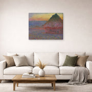 Gallery-wrapped canvas print of Claude Monet's 'Meule' displayed on a wall in a living room