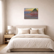 Unframed poster print of Claude Monet's 'Meule' displayed on a wall in a bedroom