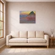 Unframed poster print of Claude Monet's 'Meule' displayed on a wall in a living room