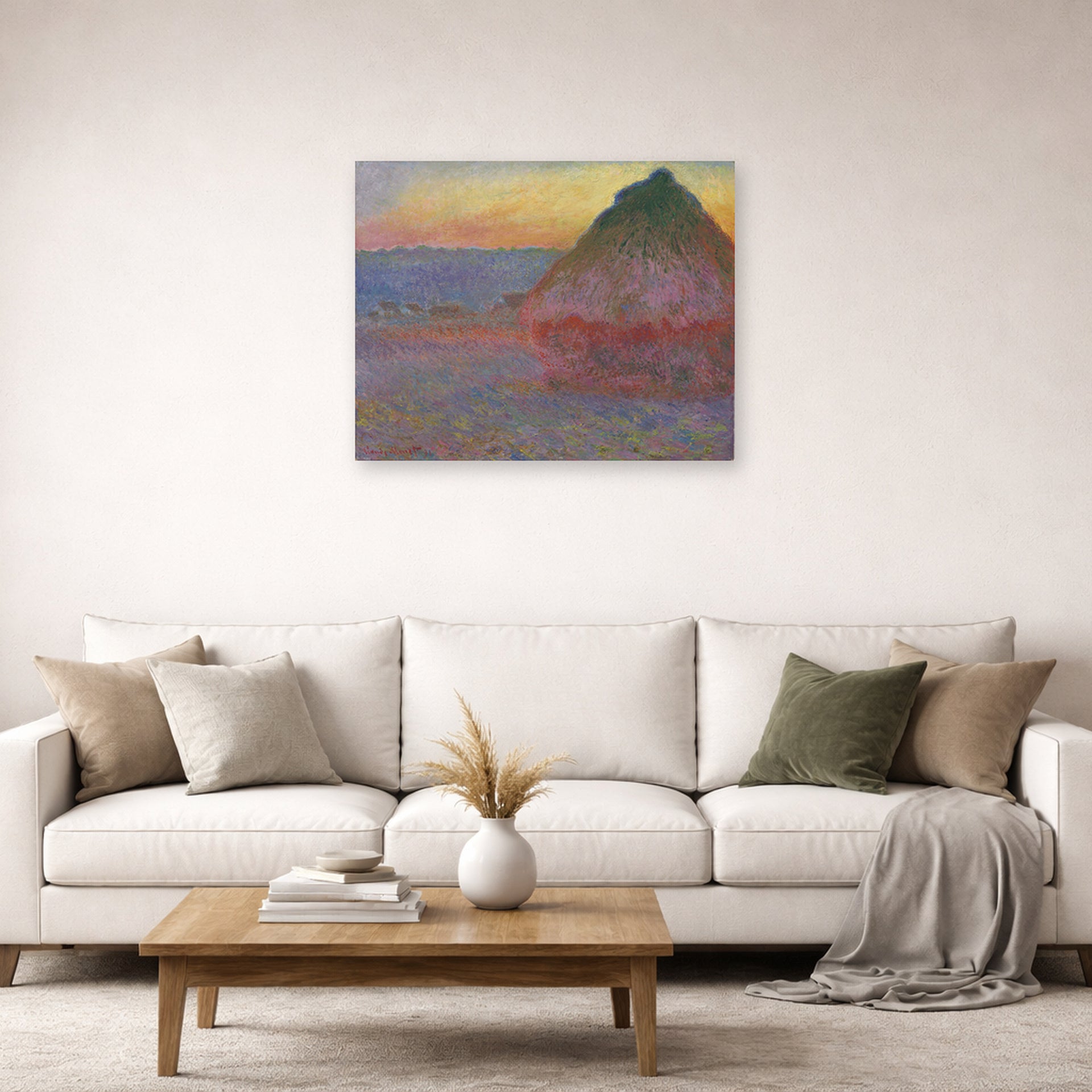 Unframed poster print of Claude Monet's 'Meule' displayed on a wall in a living room