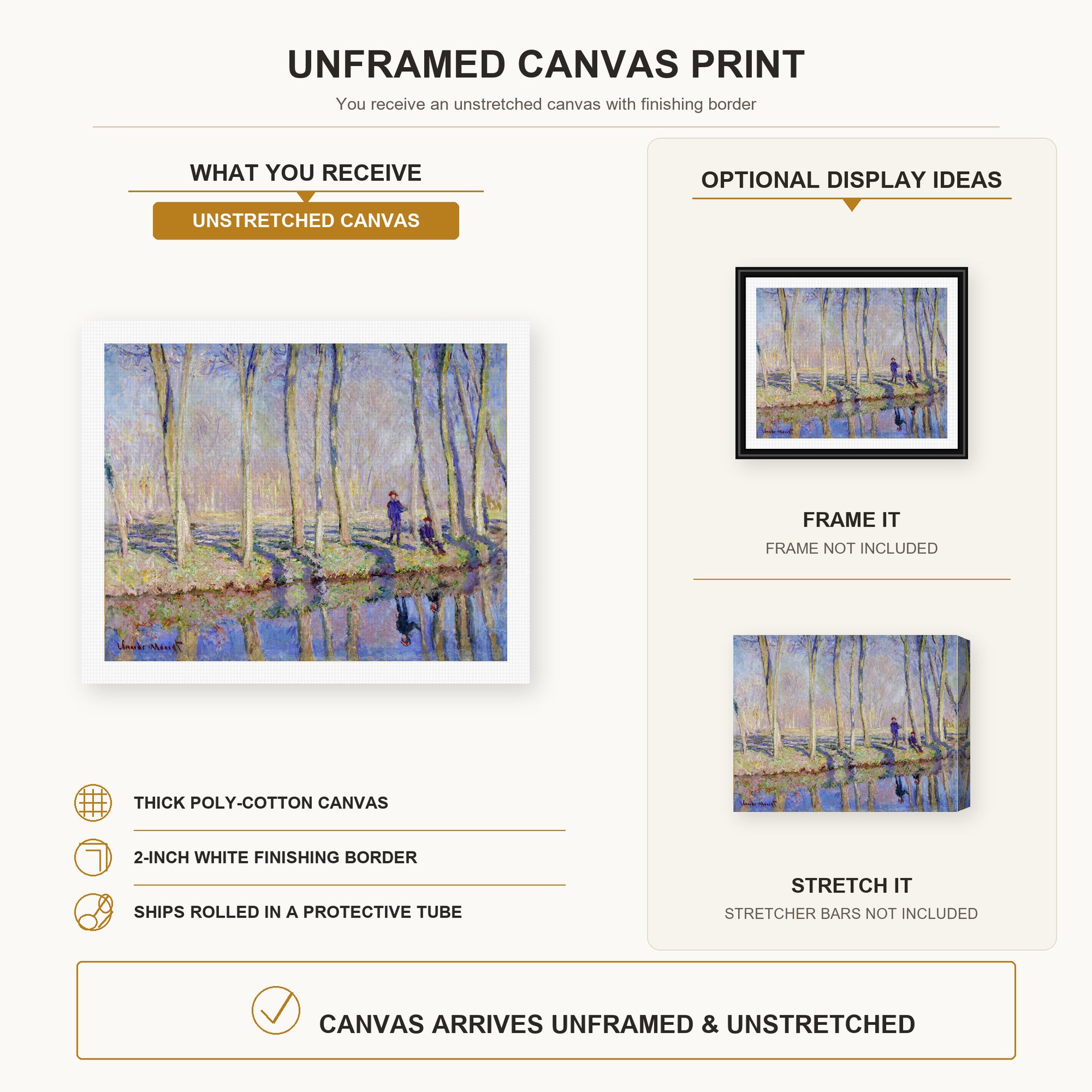Claude Monet - Monet on the Banks of the Epte canvas print size comparison and framing display infographic