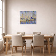Gallery-wrapped canvas print of Claude Monet's 'Monet on the Banks of the Epte' displayed on a wall in a dining room