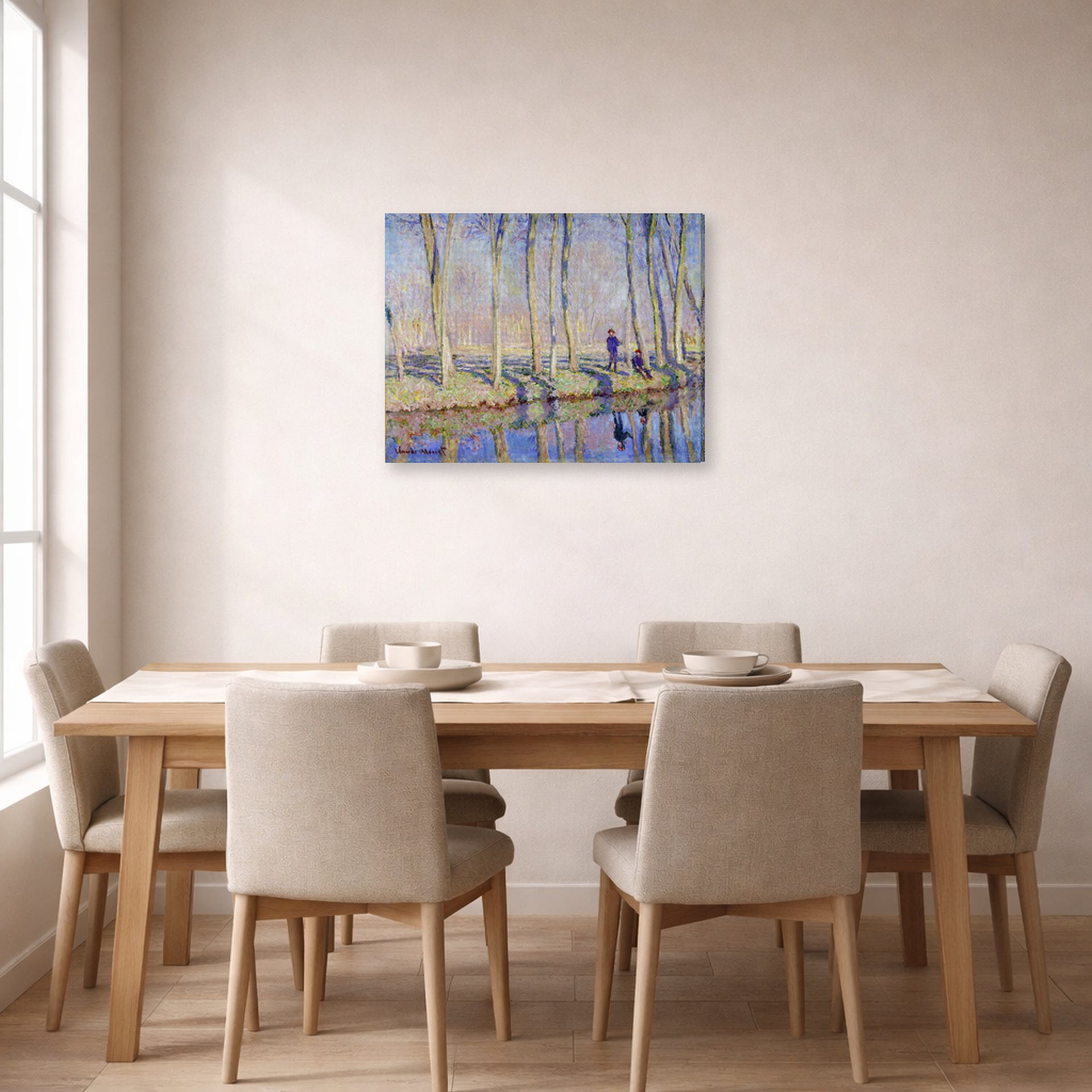 Gallery-wrapped canvas print of Claude Monet's 'Monet on the Banks of the Epte' displayed on a wall in a dining room