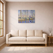 Gallery-wrapped canvas print of Claude Monet's 'Monet on the Banks of the Epte' displayed on a wall in a living room