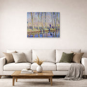 Gallery-wrapped canvas print of Claude Monet's 'Monet on the Banks of the Epte' displayed on a wall in a living room