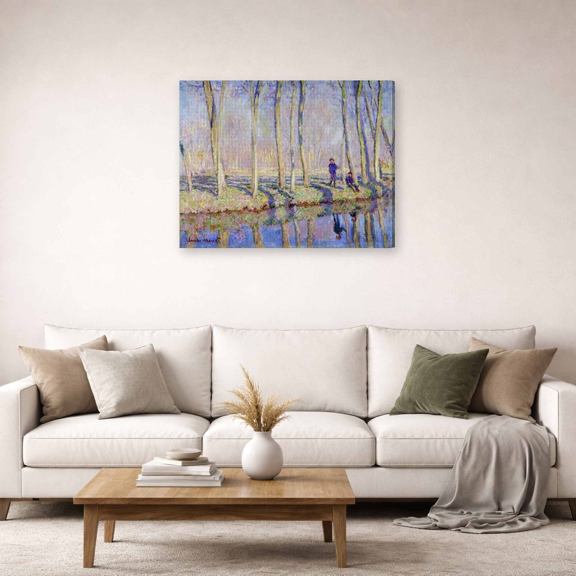 Gallery-wrapped canvas print of Claude Monet's 'Monet on the Banks of the Epte' displayed on a wall in a living room