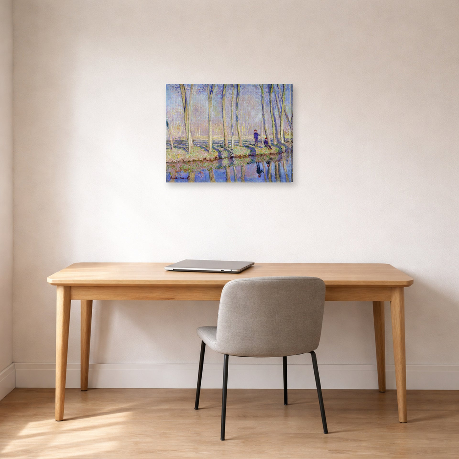 Gallery-wrapped canvas print of Claude Monet's 'Monet on the Banks of the Epte' displayed on a wall in a office