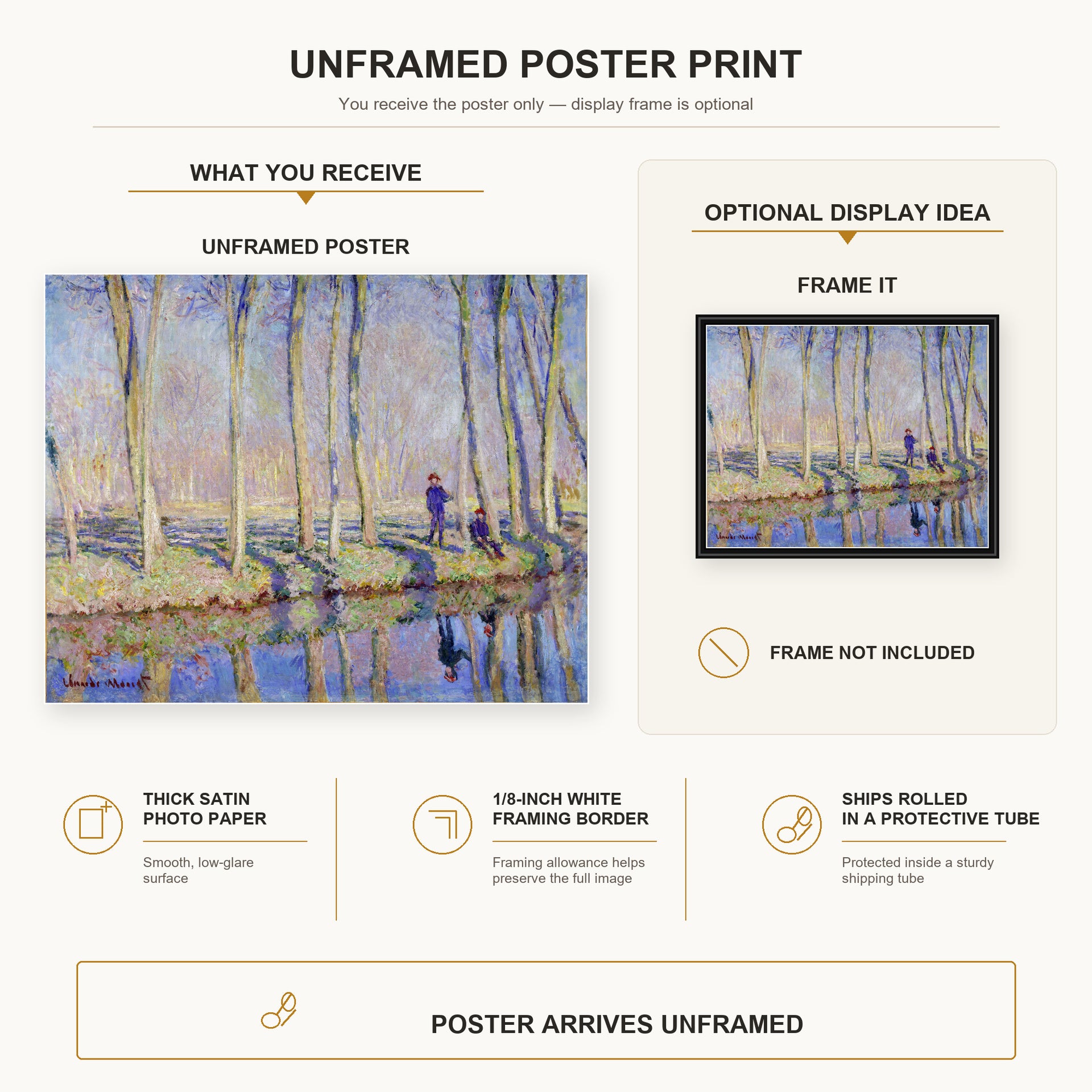 Claude Monet - Monet on the Banks of the Epte poster print size comparison and framing display infographic