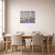 Unframed poster print of Claude Monet's 'Monet on the Banks of the Epte' displayed on a wall in a dining room