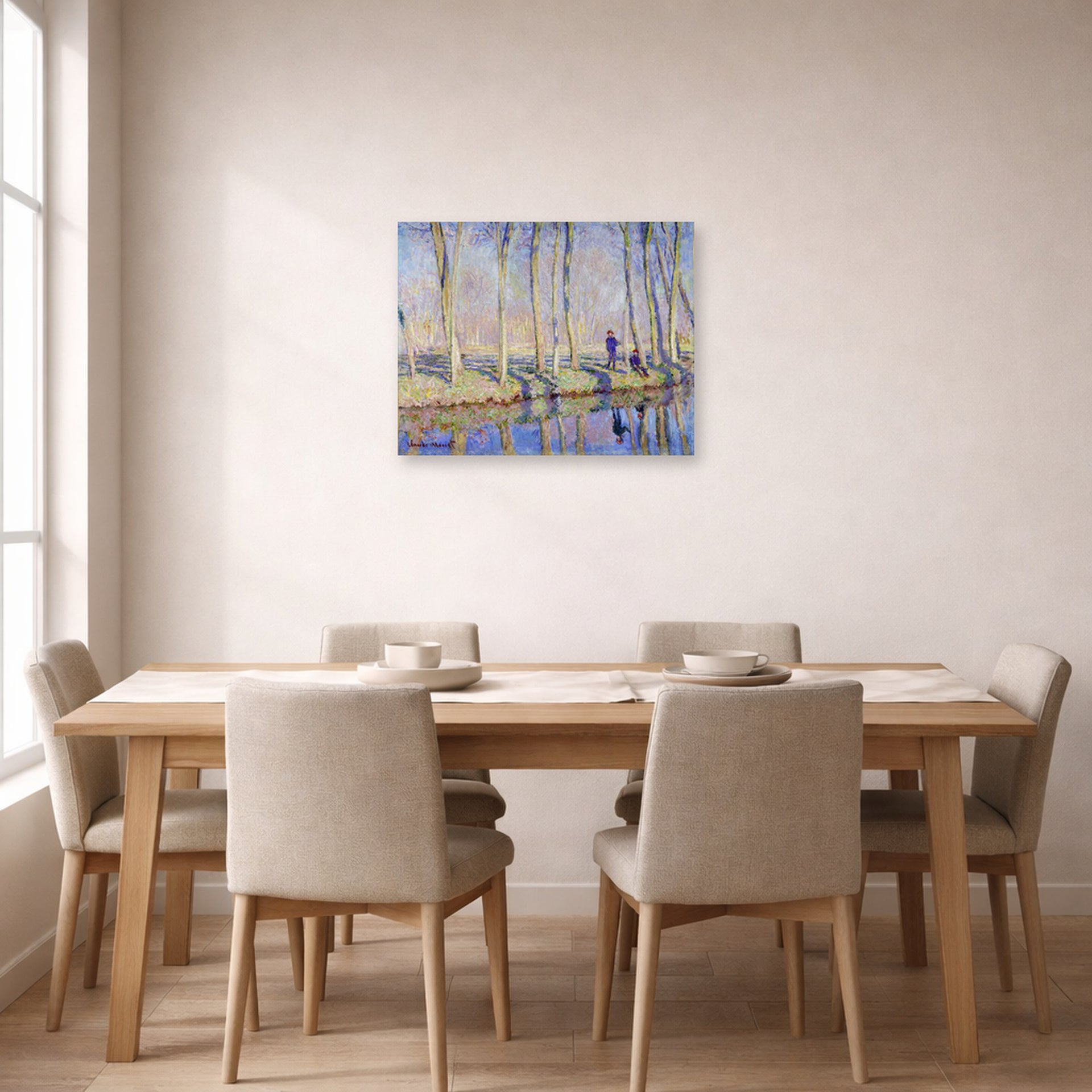 Unframed poster print of Claude Monet's 'Monet on the Banks of the Epte' displayed on a wall in a dining room