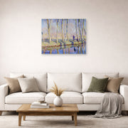 Unframed poster print of Claude Monet's 'Monet on the Banks of the Epte' displayed on a wall in a living room