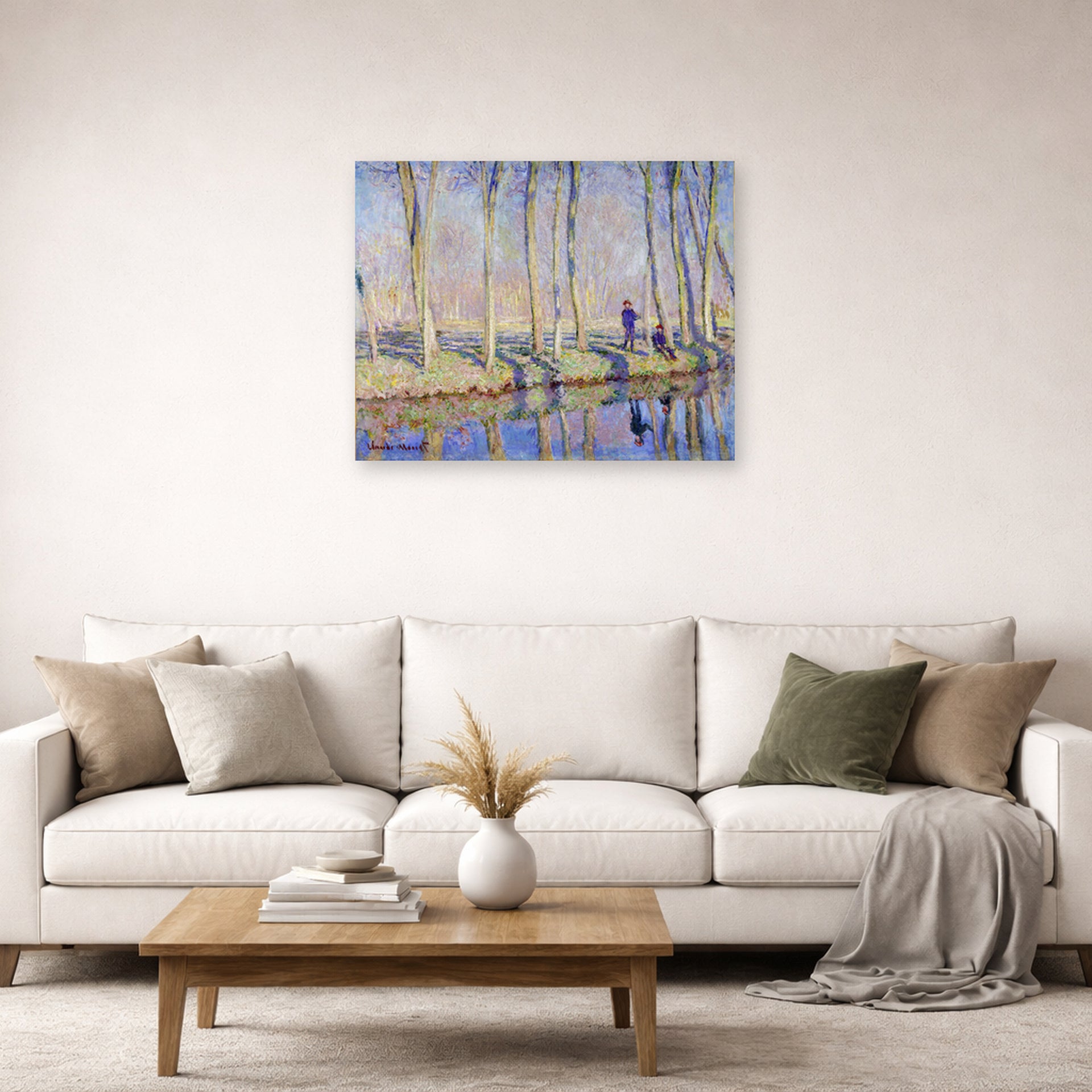 Unframed poster print of Claude Monet's 'Monet on the Banks of the Epte' displayed on a wall in a living room