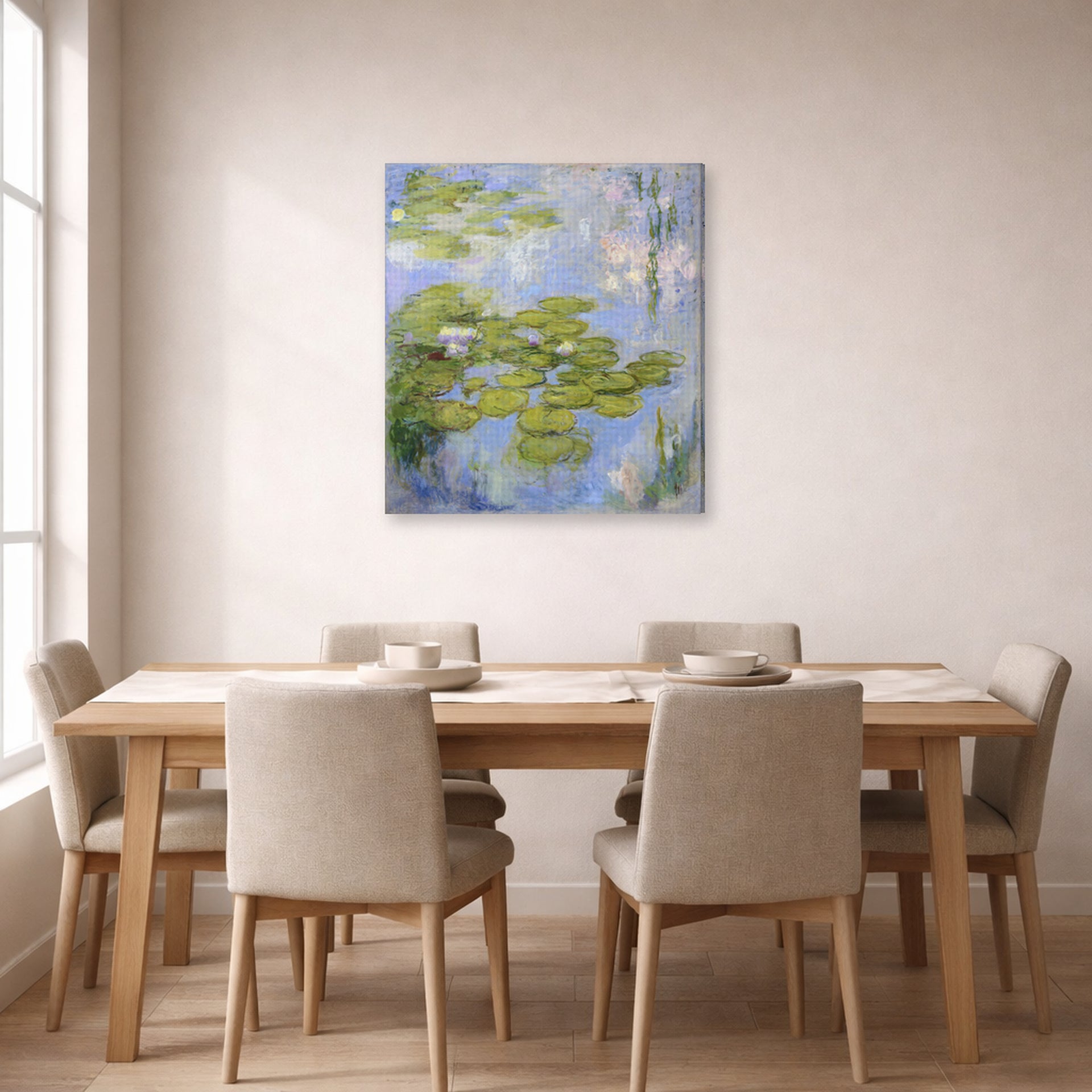 Gallery-wrapped canvas print of Claude Monet's 'Nympheas Water-lilies' displayed on a wall in a dining room