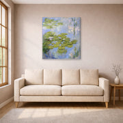 Gallery-wrapped canvas print of Claude Monet's 'Nympheas Water-lilies' displayed on a wall in a living room
