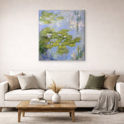 Gallery-wrapped canvas print of Claude Monet's 'Nympheas Water-lilies' displayed on a wall in a living room
