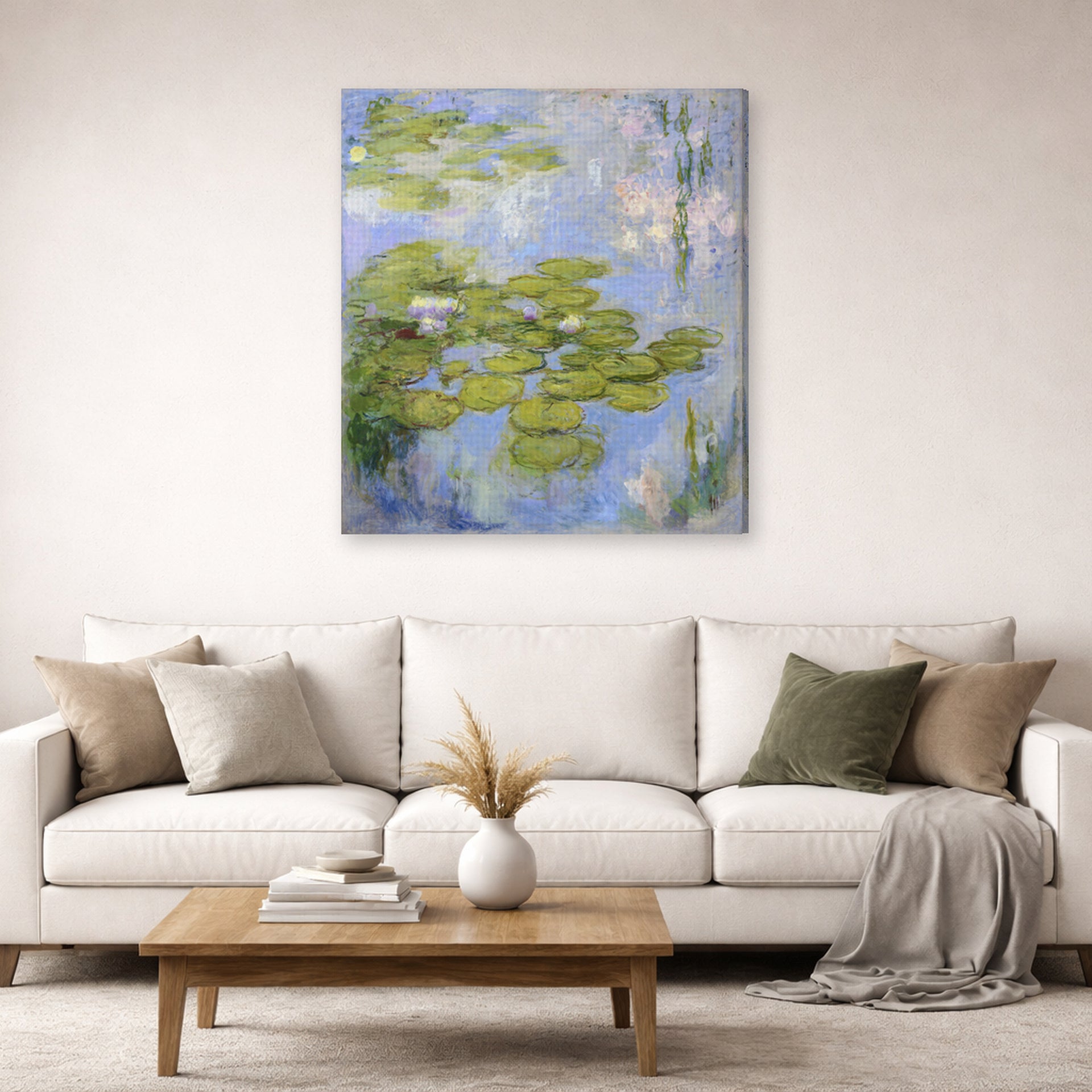 Gallery-wrapped canvas print of Claude Monet's 'Nympheas Water-lilies' displayed on a wall in a living room